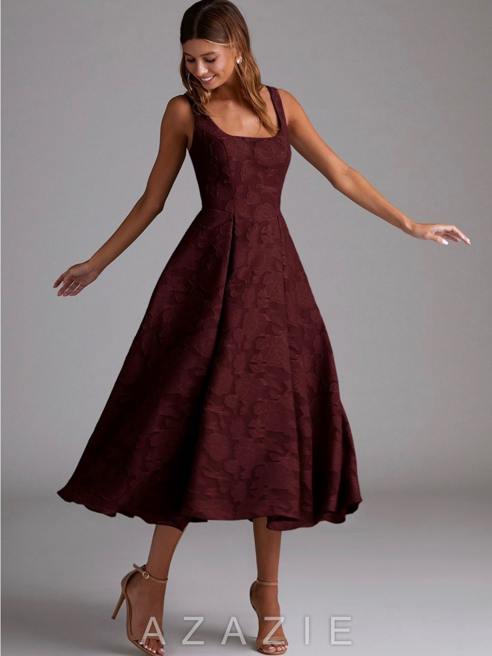 Azazie Burgundy Square-Neck Jacquard Midi Dress - Picture 3 of 9
